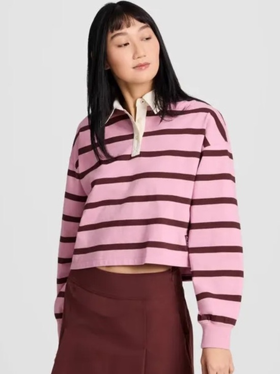 Champion Tops - Champion Pink Burgundy Striped Cropped Rugby Shirt Pullover Preppy M